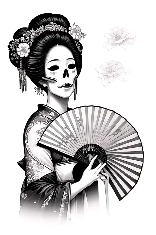 Geisha With Fan Covering Face Half Skeleton