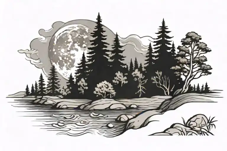 River And Redwoods And Full Moon