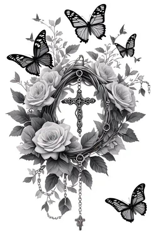 Rosary Wrapped And Butterflies Flying No Flowers