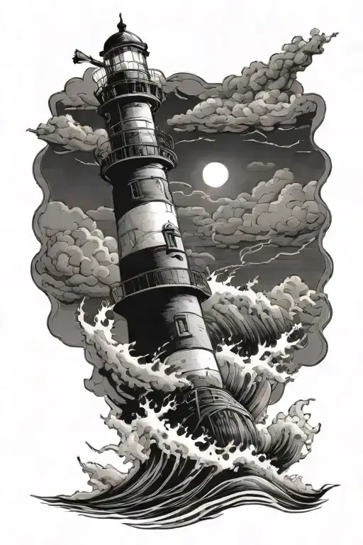 Lighthouse In Ocean Storm With Man Opening Door