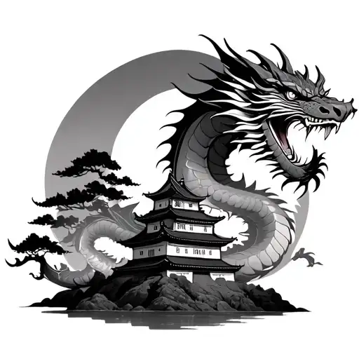 Japanese Castle With Dragon Around