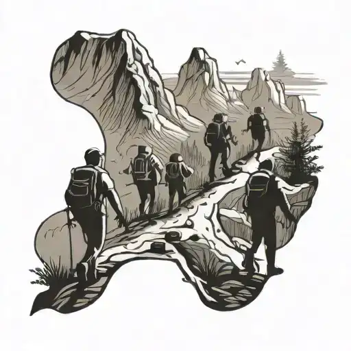 A Group Of Hikers Trekking Up A Mountain With A Dotted Trail Leading The Way
