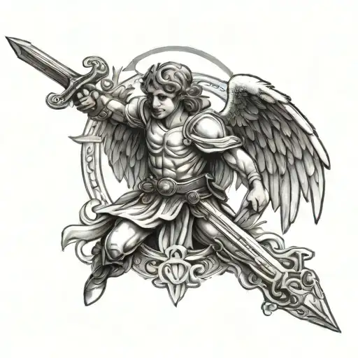 Small Angel With Wings And A Sword As If He's Guarding