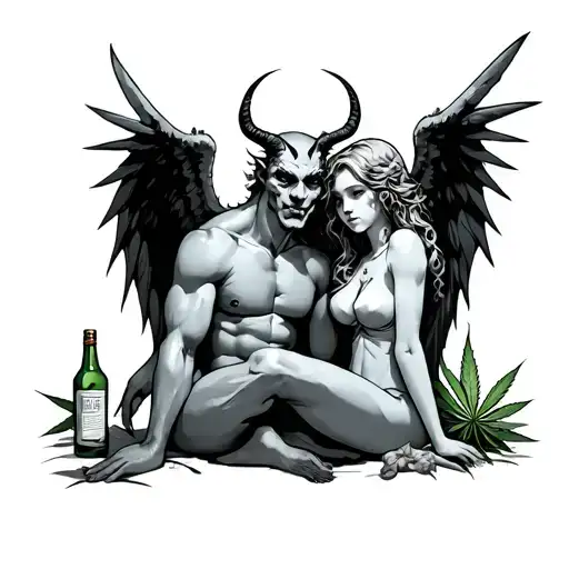 Demon And Angel Sitting With Alcohol And Weed