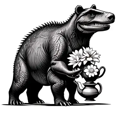 Bear Walking With Dinosaur Holding Jasmine Flower And Teapot