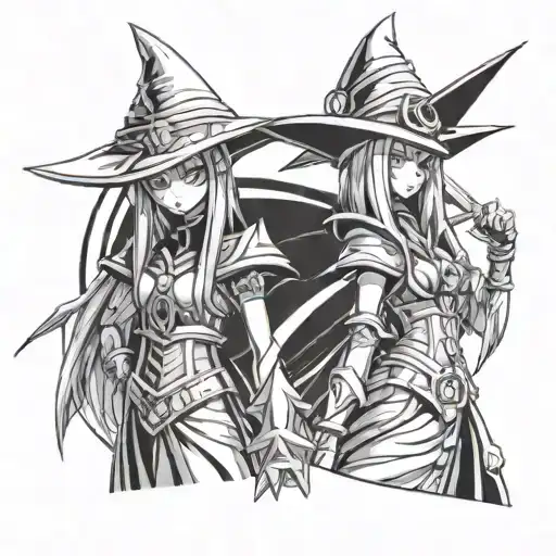 Dark Magician And Dark Magician Girl Standing Next To Each Other From Yugioh