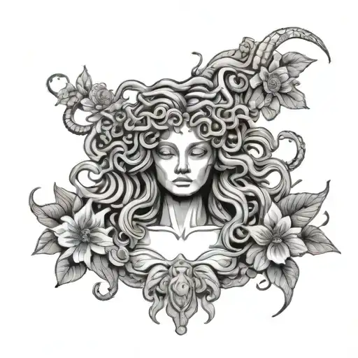 Medusa Head Surrounded By Flowers