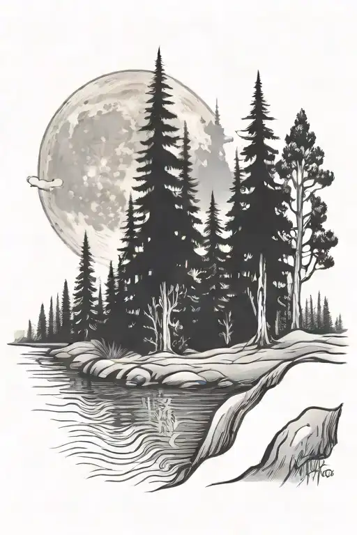 River And Only Redwood Trees And Full Moon