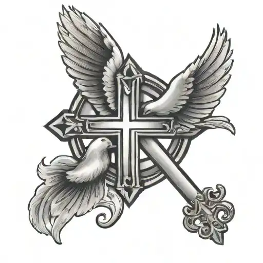 Catholic Cross With Dove Flying Together