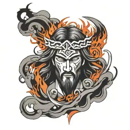 An Abstract Design Of Christ Emerging From A Cloud Of Flames With Naruto Symbols Intertwined