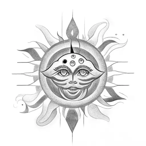 A Black-grey Tattoo Showcasing A Sun Surrounded By Symbols Representing Family And Wealth
