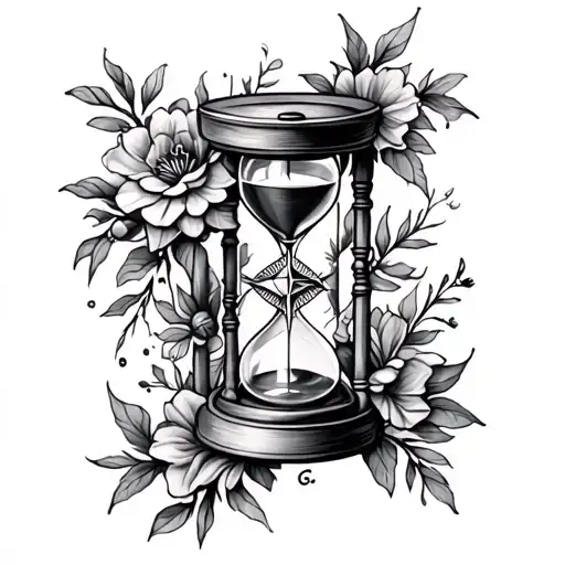 Hourglass And Compass Floral Sleeve Tattoo Design