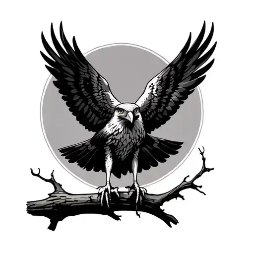 Facing Hawk Landing On Branch With Wings Flared