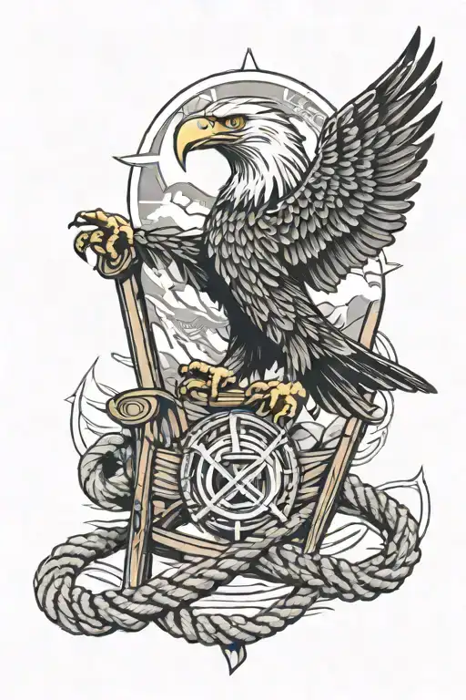 Eagle With A Triquetra Symbol Underneath It And A Beach And Chair With Sailing Rope Intertwined