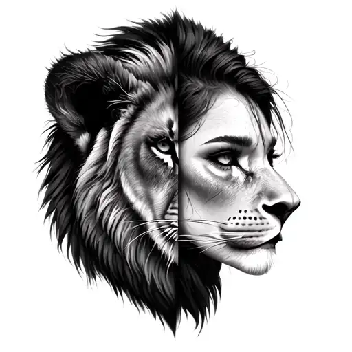 Half Face Lion And Half Face Of Autochtone Woman