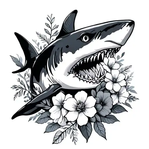 Shark And Flowers Fine Line