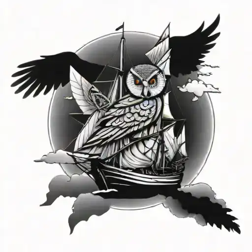 Owl Flying Over Sailing Ship Sailing