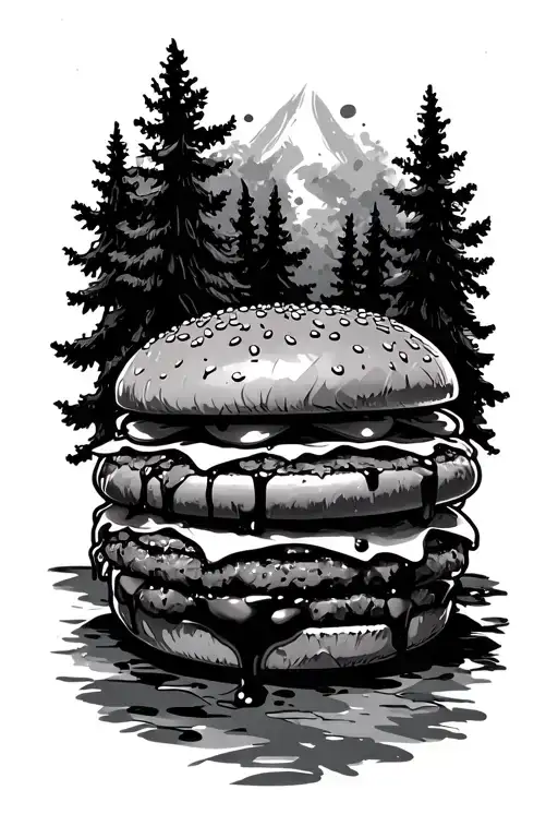 Cheeseburger With Drippy Tomato Sauce In A Forest