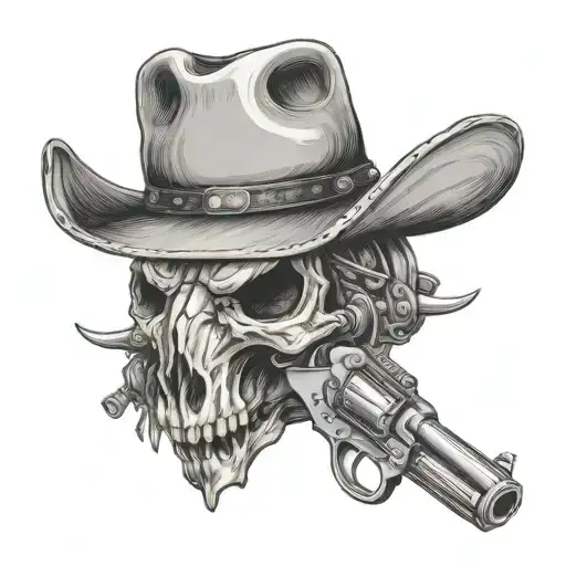 Bull Skull Wearing Cowboy Hat And A Gun
