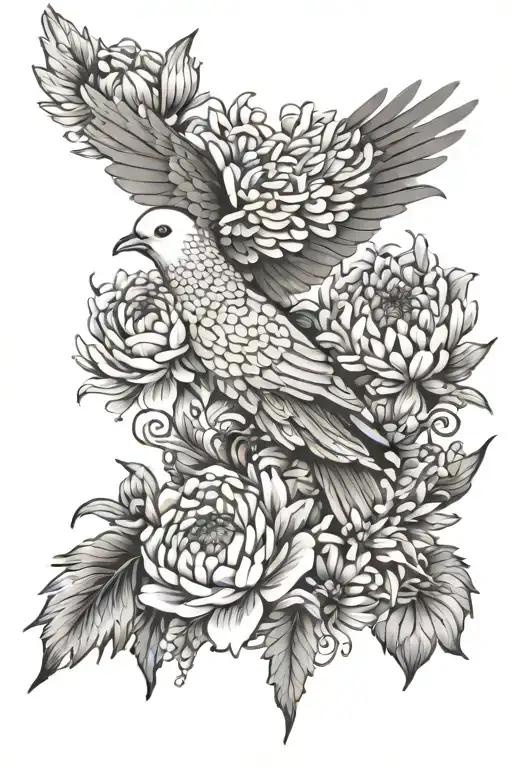 Chrysanthemum And Aster Flowers With Dove