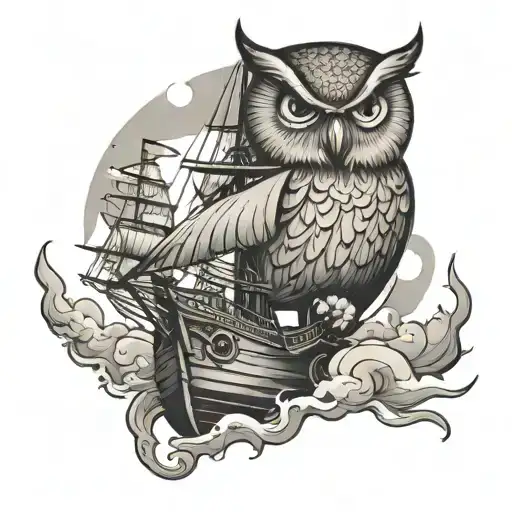 Owl Over Sailing Ship Sailing Through Stormy