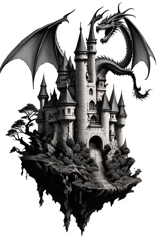 Realistic Medieval Castle Floating Island With Dragon Flying Down