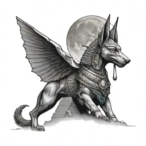 Anubis With Human Body Standing Outside The Pyramids And Looking At A Full Moon