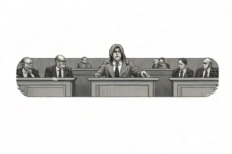 A Small Hooded Lawyer At A Podium Arguing In A Large Courtroom With No One Else In It