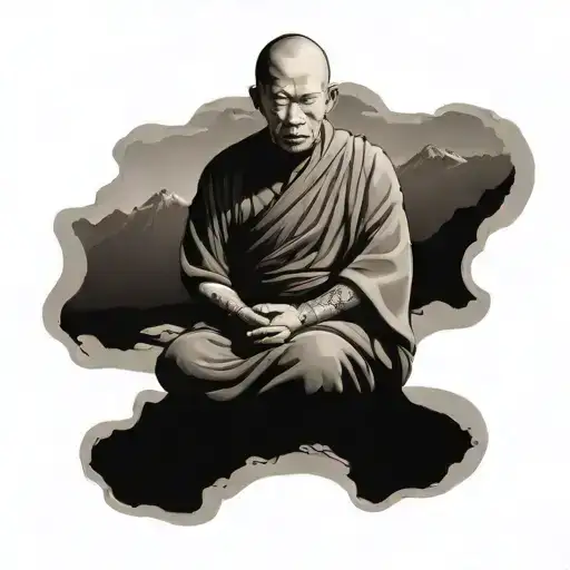A Tattoo Of Monk Sitting On A Rock With A Mountain In The Background