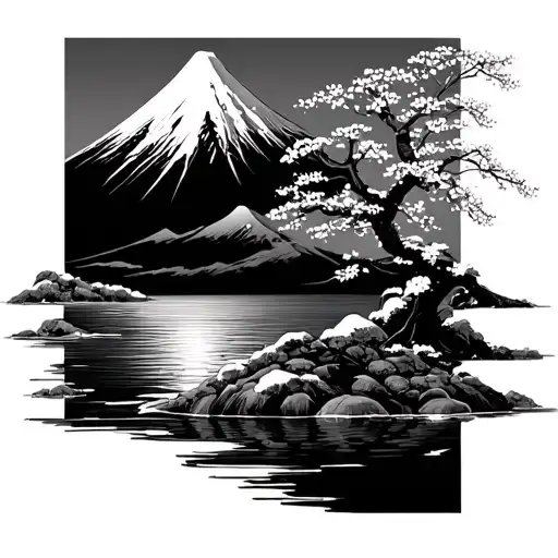 Japanese Style Water With A Large Snowy Peak Mountain In The Black With A Cherr Blossom Tree