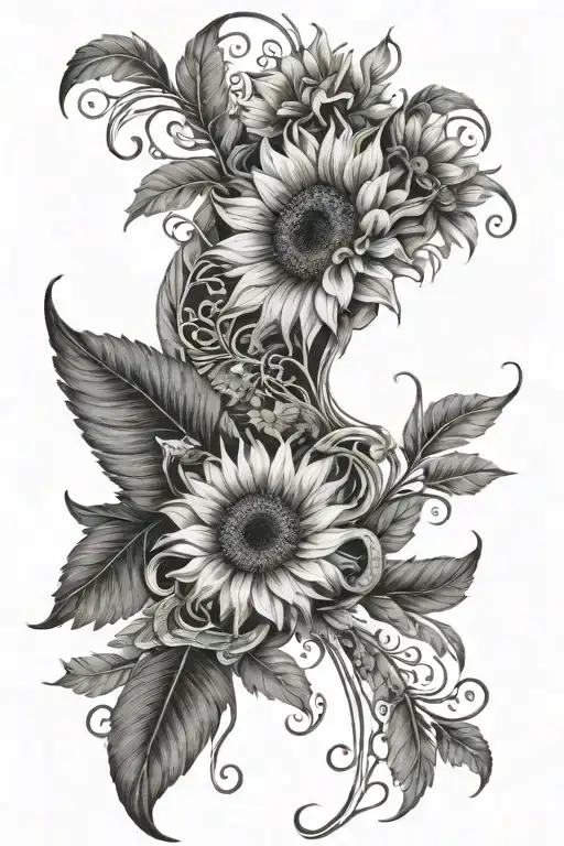 Floral Sunflower Vine And Angel Wings And Feathers