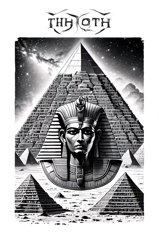 3 Pyramids Of Giza With Thoth Egyptian God In The Forefront And A Galaxy Overhead