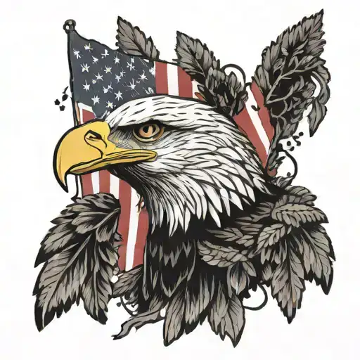 Bald Eagle With Trees And American Flag Intertwined