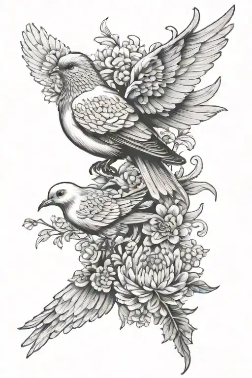 Chrysanthemum And Aster Flowers With Dove And Dear Head