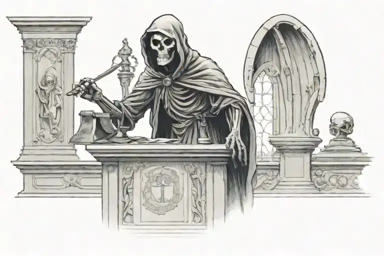 The Grim Reaper Arguing From A Podium In An Old Courtroom With No One Else In It