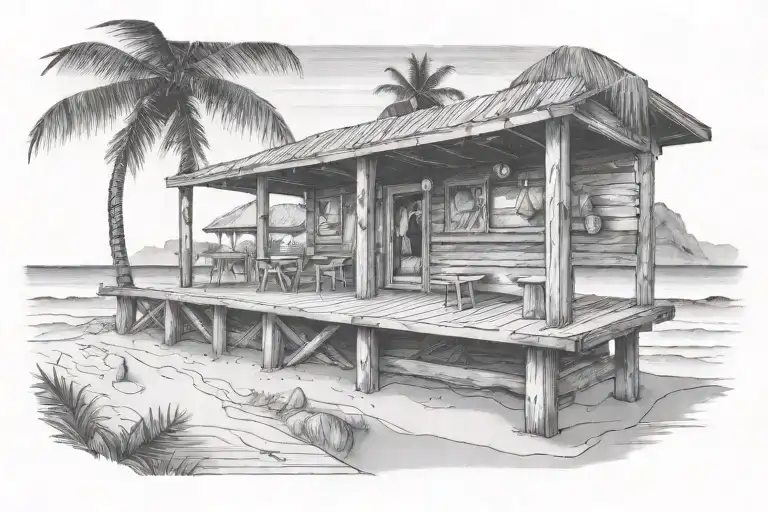 A Beach With Only A Wooden Bar With A Deck On It Viewed From The Ocean Looking In