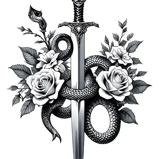 Snake Around A Dagger With Roses On The Sides Flowers