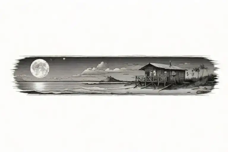 A Small Shack With A Deck On A Beach Looking In From The Water Moon In It