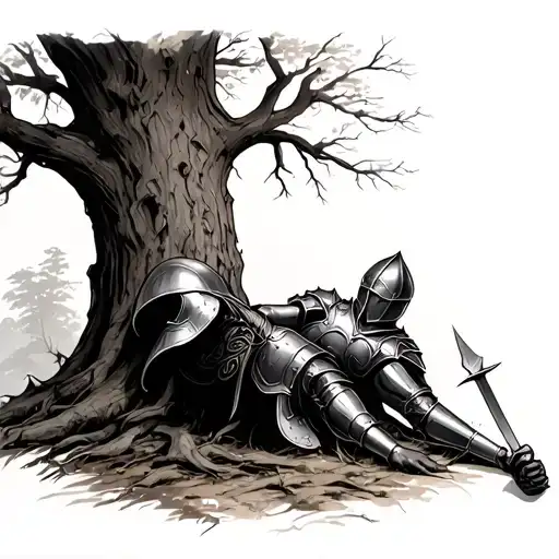 Withered Armour Of Fallen Knight Laying Against A Tree