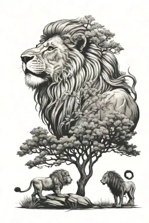 Lion With Lioness And Trees