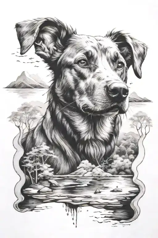 A Dog Surrounded By Rivers And Trees