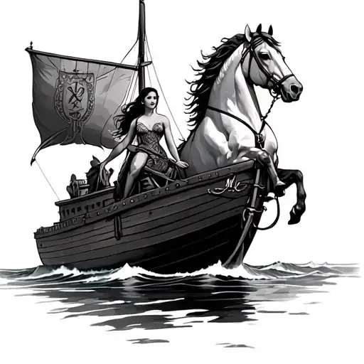 A Boat With A Woman Riding A Horse