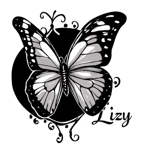 Small Tattoo With The Name Lizy With A Butterfly Background On The Chest