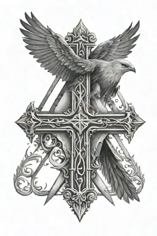 Detailed Cross Tattoo Implementing Three Triangles And One Bird On Each Side Of The Top Of Cross