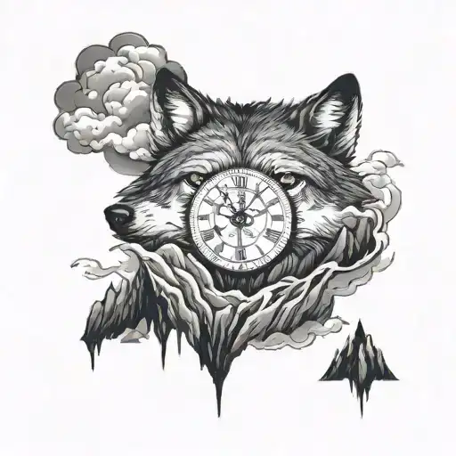 Wolf In A Clock With Mountain And Cloud