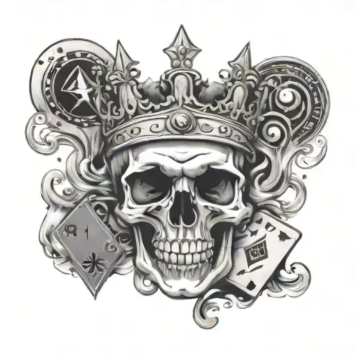 Skull With A Crown With Playing Cards And Dice Rolling With Smoke