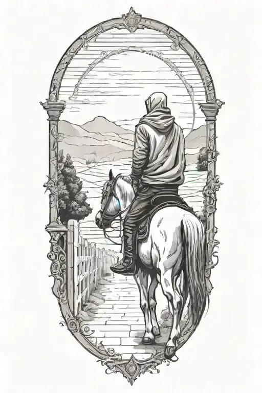 A Hooded Figure On A Horse Standing Alone In From Of An Opened Gate Looking Away Down A Long Path