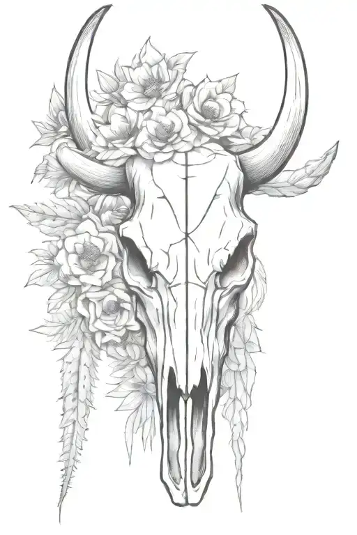 Bull Skull With Flowers And Cactuses