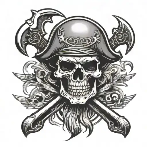 Pirate Skull With One Eyepatch With Oar And Trident Crrossed Behind