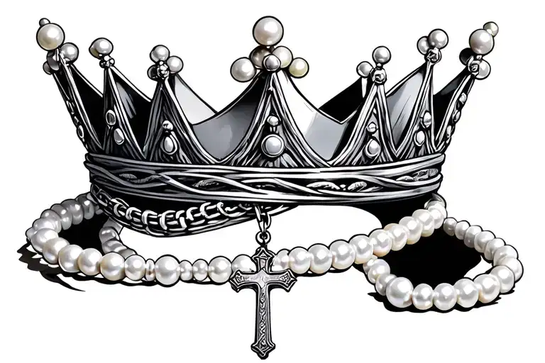Crown With A Pearl Necklace Wrapped In It And A Cross Hanging From The Necklace